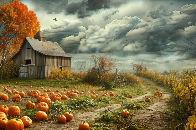 An idyllic autumn landscape of a farm with pumpkin generative ai