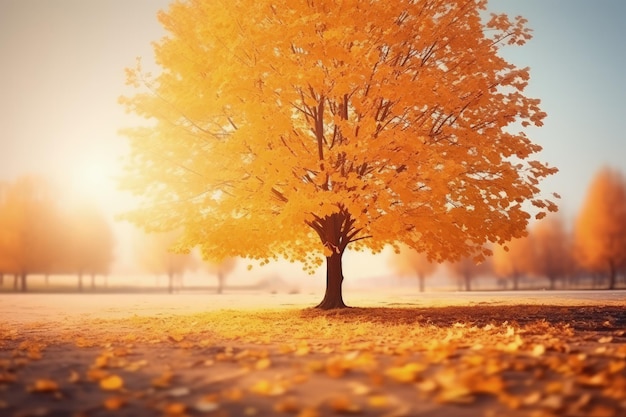 Idyllic autumn landscape with blurred tree and falling leaves golden October day outdoors advertisin