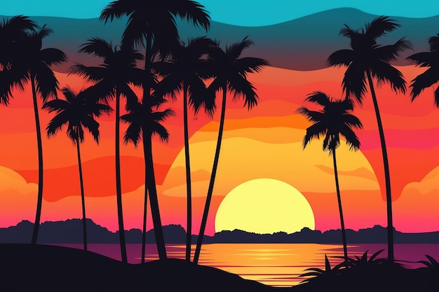 idyllic beach landscape with lush tropical palm trees and a vibrant colorful sunrise