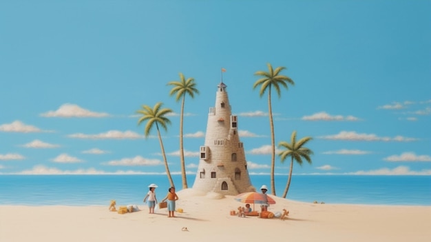 An idyllic beach lifestyle with a family building sandcastles under the warm sun turquoise waves Generative ai