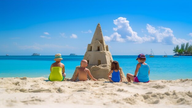 An idyllic beach lifestyle with a family building sandcastles under the warm sun turquoise waves Generative ai