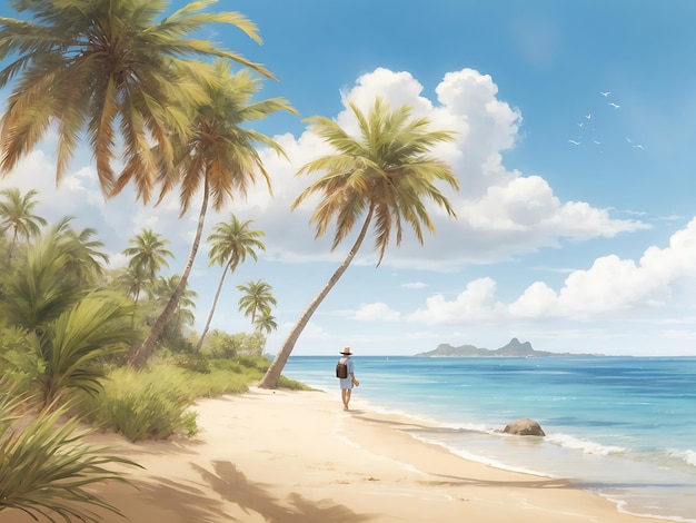 идиллический райский пляж с пальмами, покачивающимися под легким ветерком