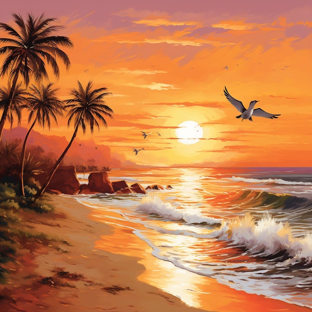 Idyllic beach scene with a sunset