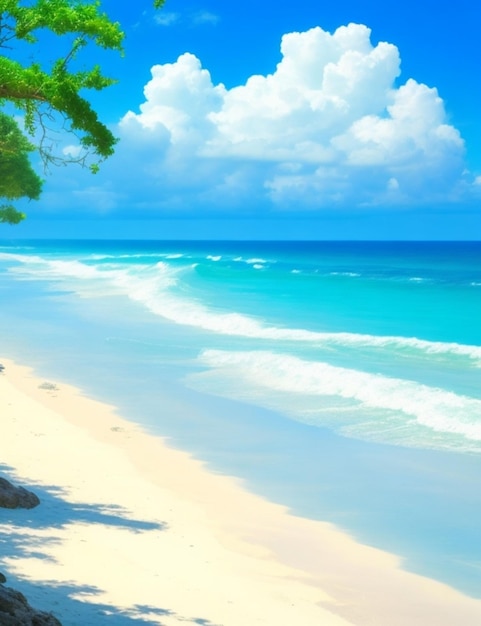 An idyllic beach scene with a vivid azure sky whitecrested waves and a peaceful atmosphere