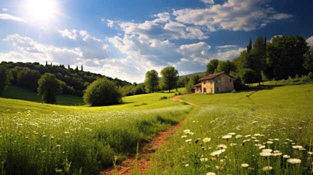 Idyllic Countryside Amidst Lush Green Fields Under Blue Sky