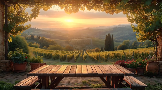 空の木製テーブルのどかな田舎の夕日の眺め、屋外での食事に最適な穏やかな自然の背景 AI