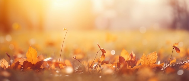 idyllic fall leaf meadow background in sunshine closeup