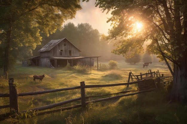 Photo idyllic farm barn green fields grazing animals generative ia