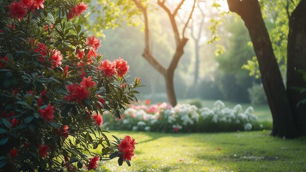 Idyllic Flower Garden with Lush Trees