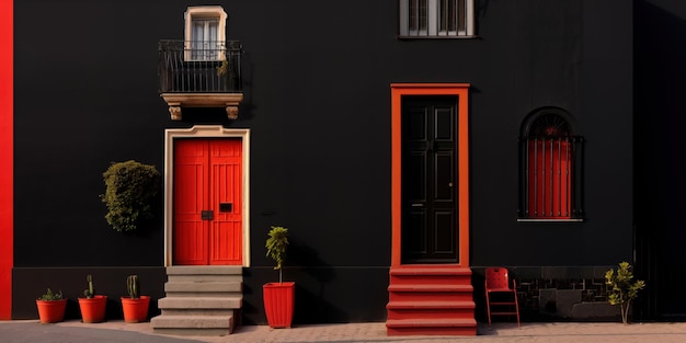 Idyllic front view photo of old red black house in the old city minimalism picture