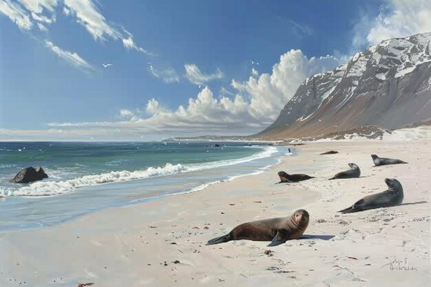An idyllic image of a group of fur seals lounging generative ai