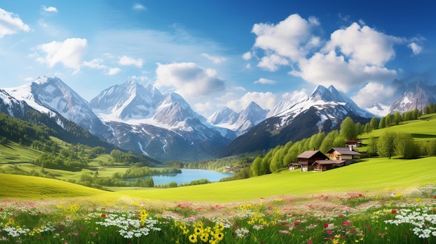 Idyllic mountain landscape in the Alps with blooming flower