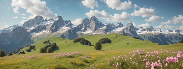 Idyllic mountain landscape in the Alps with blooming meadows in springtime