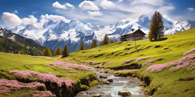 Foto idilliaco paesaggio montano delle alpi con prati fioriti in primavera