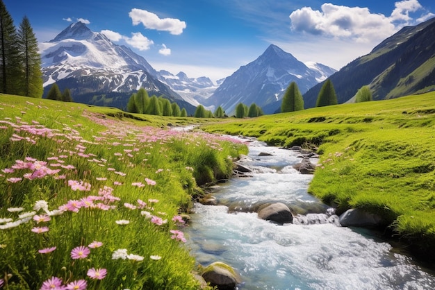 Idyllic mountain scenery in the Alps with blooming meadows in springtime