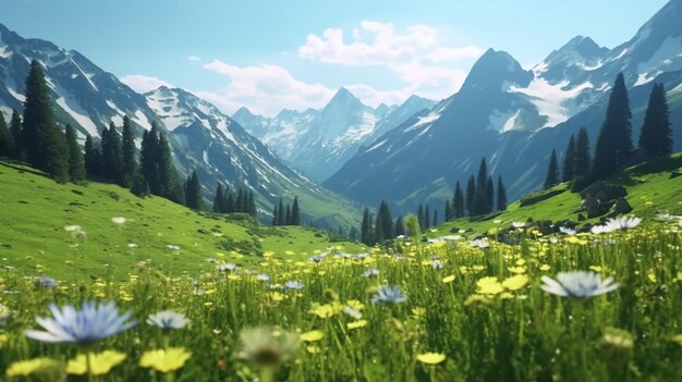 Idyllic mountain scenery in the Alps with blooming meadows in springtime