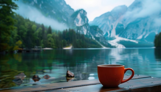 Photo idyllic mountain scenery with a coffee cup