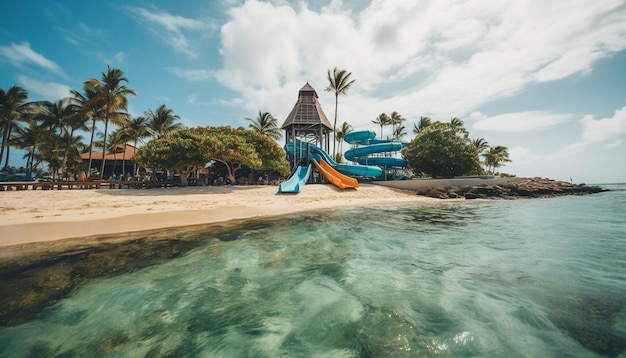 Idyllic palm lined coast perfect for summer vacations generated by AI