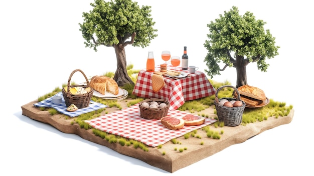 Idyllic picnic setup with baskets of bread cheese and wine on checkered cloths under trees