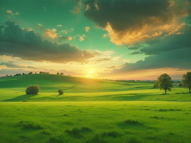 Idyllic rural scene green meadow and sunset sky generative ai