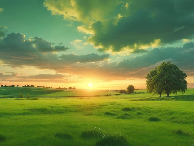 Idyllic rural scene green meadow and sunset sky generative ai