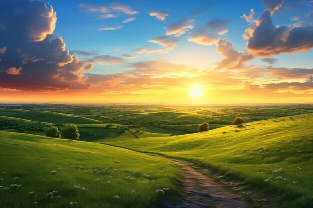 Photo idyllic rural scene green meadow and sunset sky generative ai