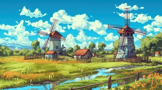 Идиллические сельские ветряные мельницы Фантазия концепция Иллюстрация картина