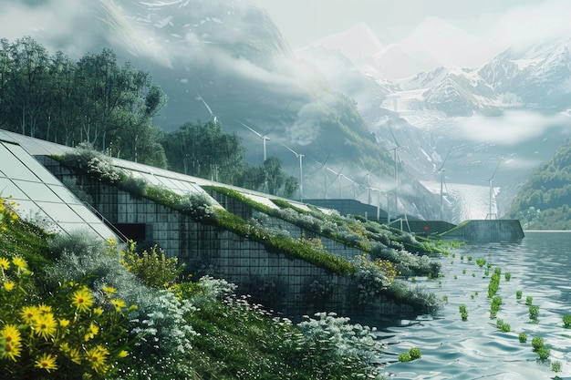 An idyllic scene featuring renewable energy sources including green hydrogen amidst natural beauty