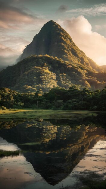 Idyllic shot of a huge mountain covered in vegetation with a body of water at its base