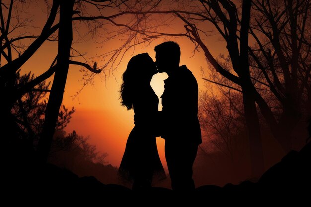 Photo idyllic silhouette of romantic couple admiring sunset together generate ai