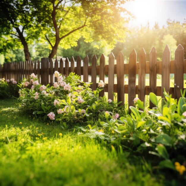 Photo an idyllic spring garden scene with a wooden fence and green grass