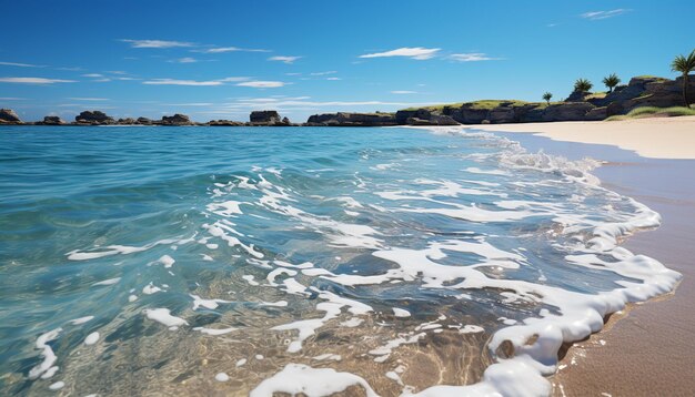 Idyllic summer coastline, clear sky reflects tranquil waters and beauty generated by artificial intelligence