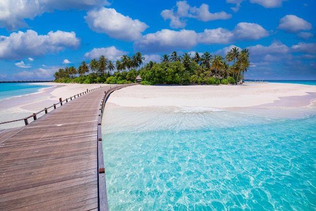 Idyllic tropical beach landscape wallpaper. Pier into paradise island summer vacation, Maldives