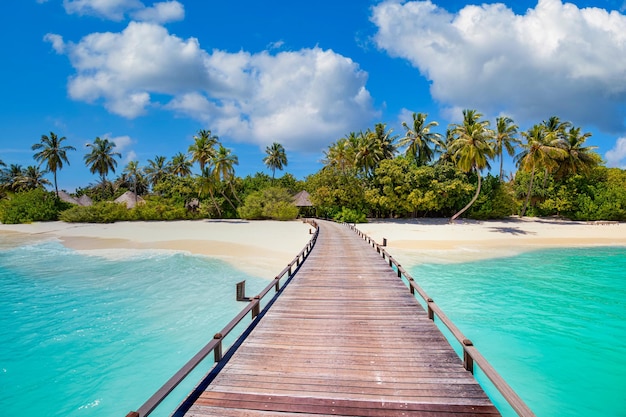 Idyllic tropical beach landscape wallpaper. Pier into paradise island summer vacation, Maldives