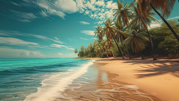 Идиллический тропический пляж с качающимися пальмами и кристально чистой водой идеально подходит для отдыха и плакатов спокойный и солнечный прибрежный пейзаж ИИ