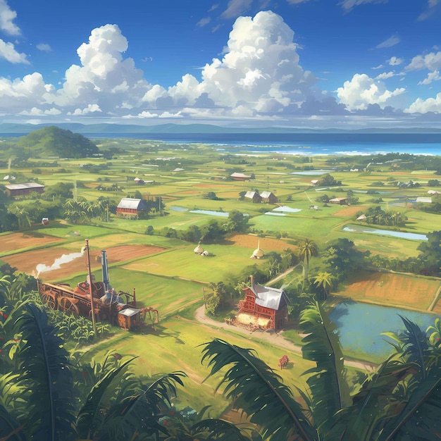 Idyllic Tropical Farmland with Lush Green Fields and Blue Skies