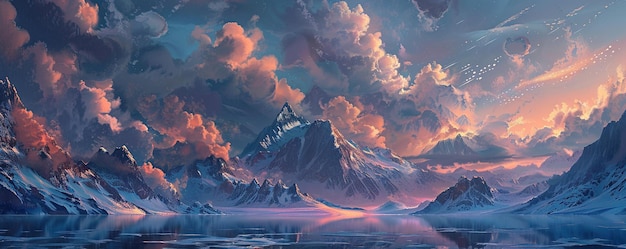Идиллический вид на заснеженные горы на фоне потрясающего неба