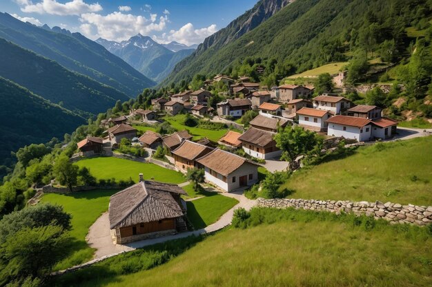 Idyllic village nestled in lush green mountains