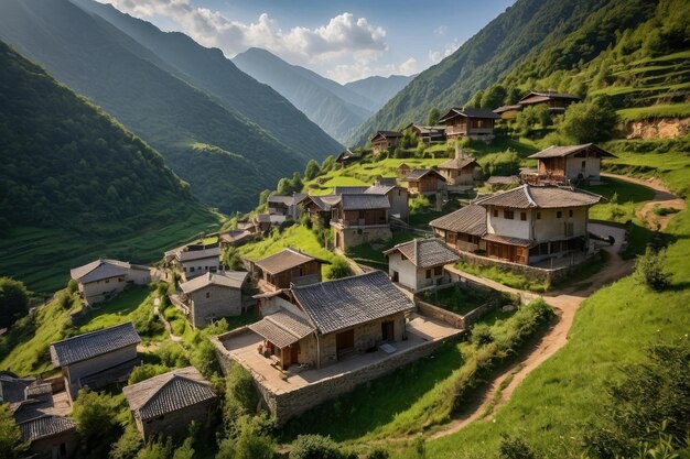 Idyllic village nestled in lush green mountains