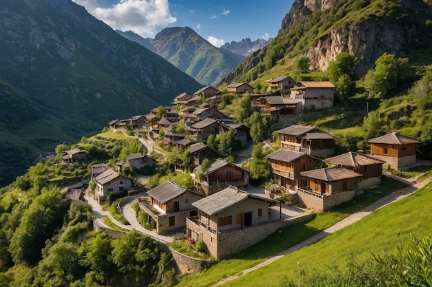 Idyllic village nestled in lush green mountains