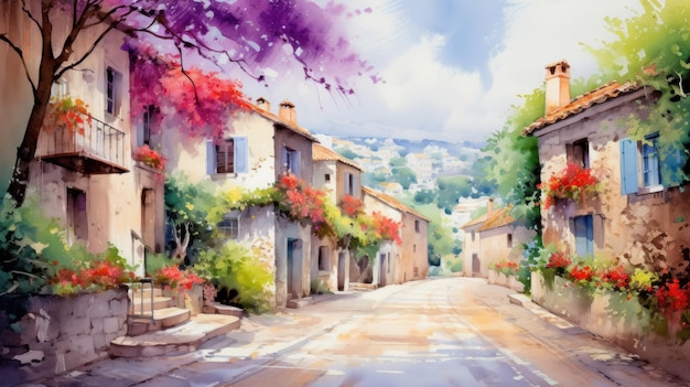 写真 ai が生成した、石畳の通りと花の咲く木々のある牧歌的な水彩画のヨーロッパの村
