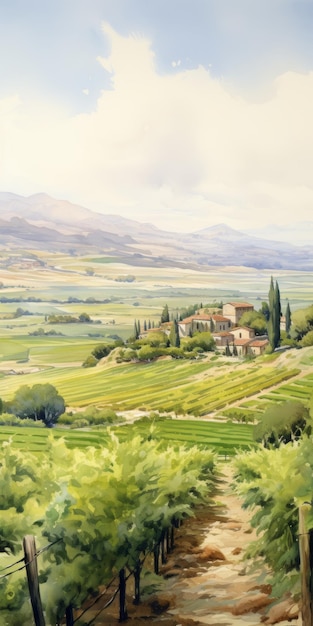Idyllic Wine Country A Watercolor Painting Of Lush Grapevines And Charming Winery