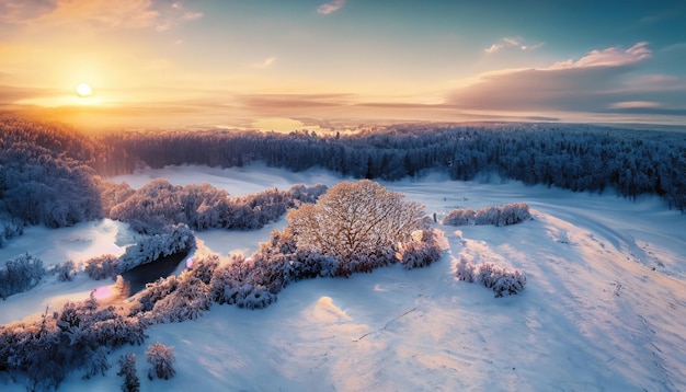 Idyllic winter landscape at sunset View from above