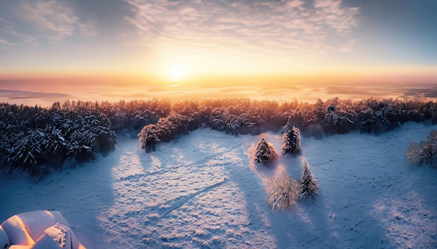 Idyllic winter landscape at sunset View from above