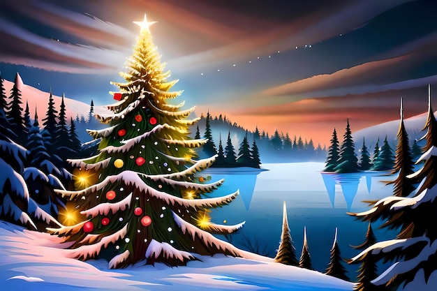 Идиллический зимний пейзаж с сияющей рождественской елкой
