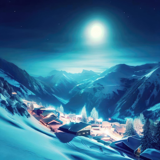 Idyllic winter ski resort Hintertux Tirol Austria in night lit by the moon