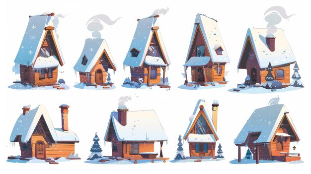 An idyllic wood cabin with a porch atop pillars a roof covered in snow and a chimney with smoke A cartoon modern set showing a small triangular house for a forest resort or for a camping trip