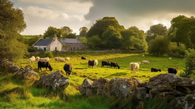 An idyllicountryside with grazing cattle and green AI generated