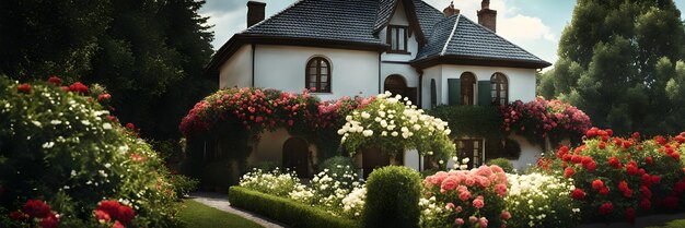 Idyllisch huis omringd door weelderige bloementuinen