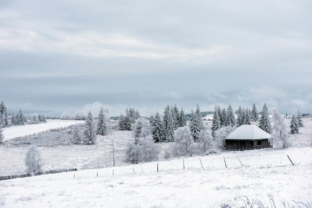 Idyllisch winter wonderland berglandschap met berg chalet lodge